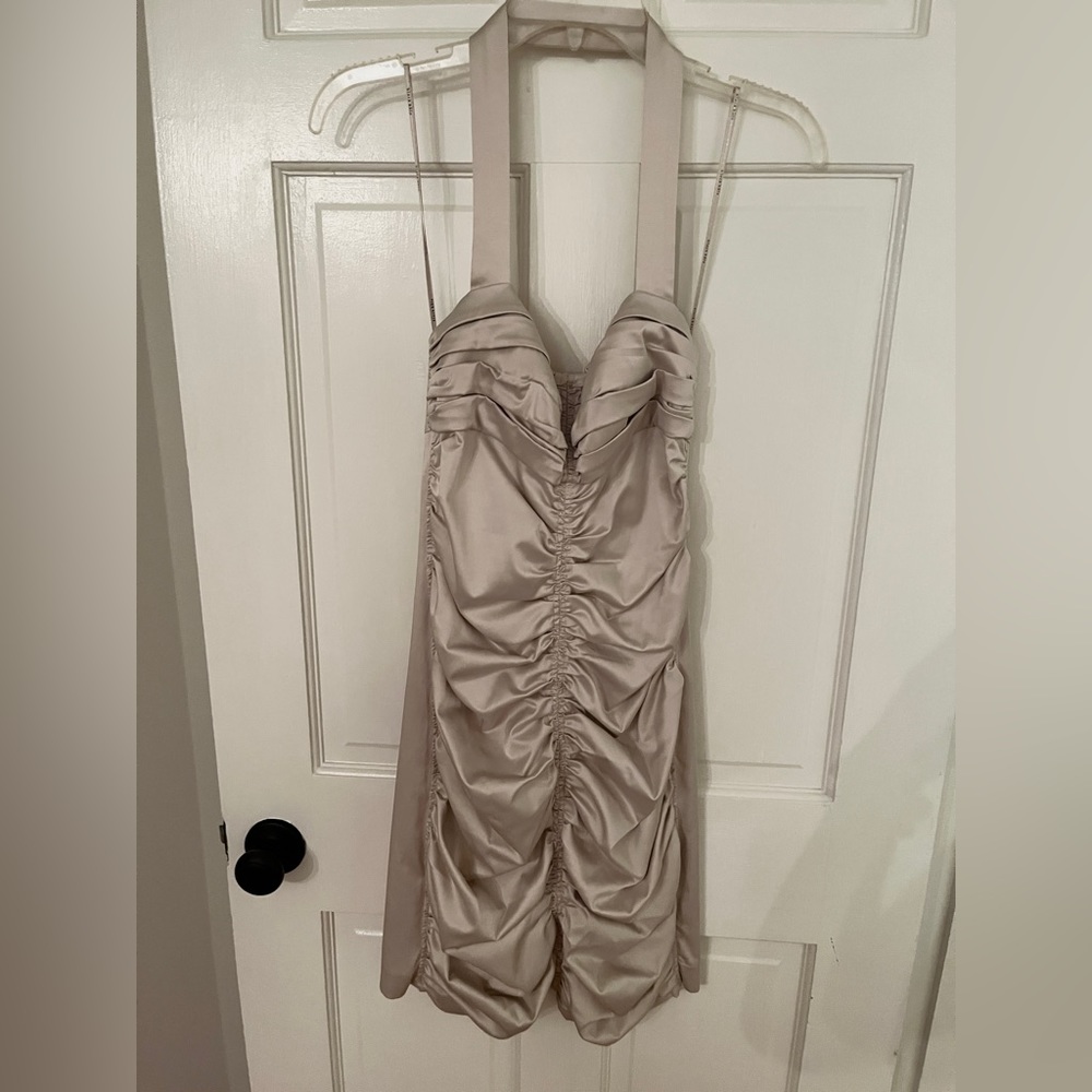 Gorgeous Champagne Cocktail Dress with a Halter Neck & rouching down the center